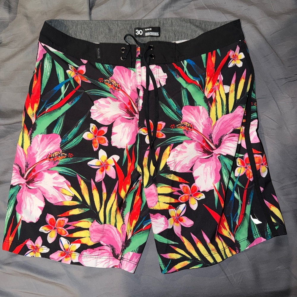 Hurley Black Boardshorts with Pink Tropical Floral Print